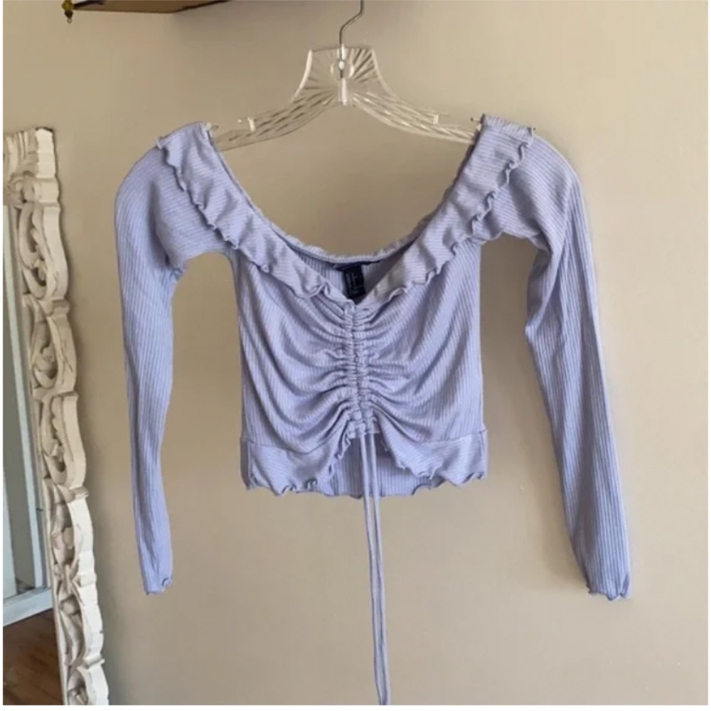 🪞 NEW ribbed lettuce ruffle trim off shoulder pull front top in periwinkle blue